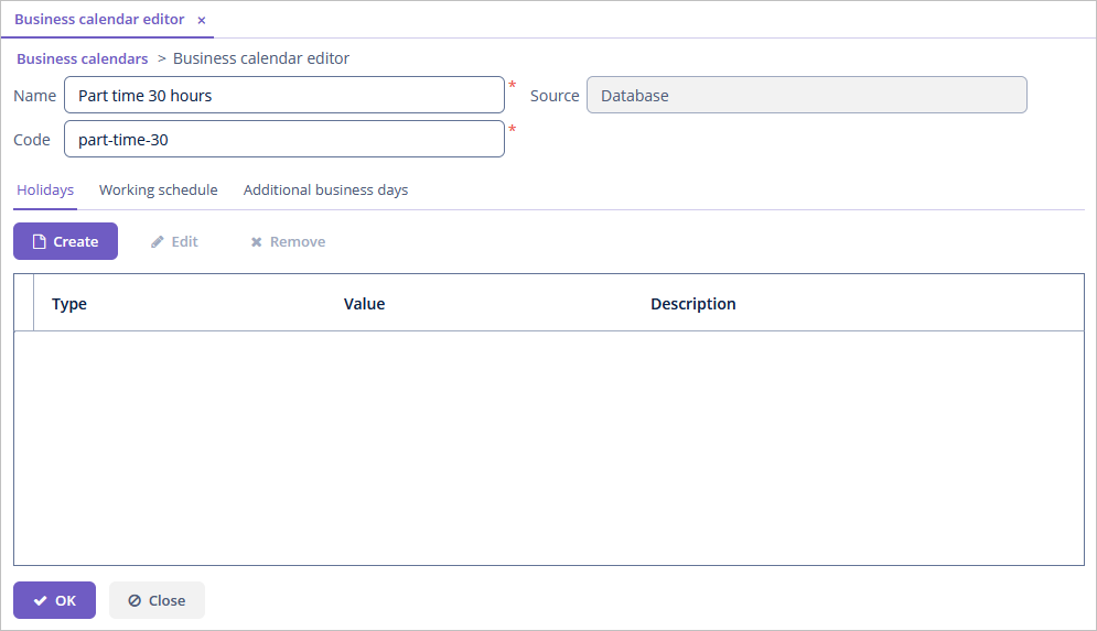 business calendar editor