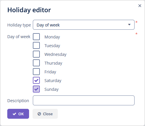 business calendar day of week