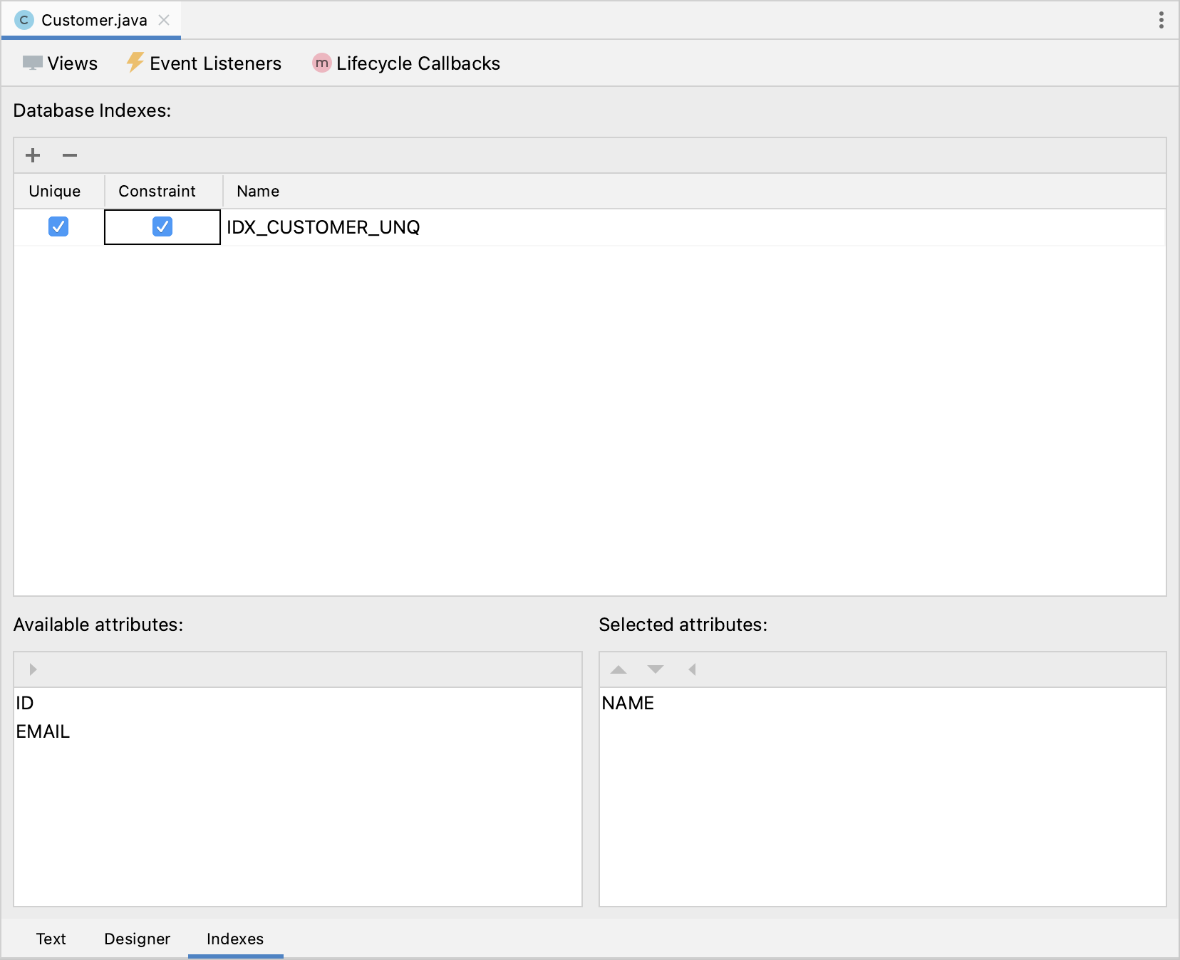 entity designer index