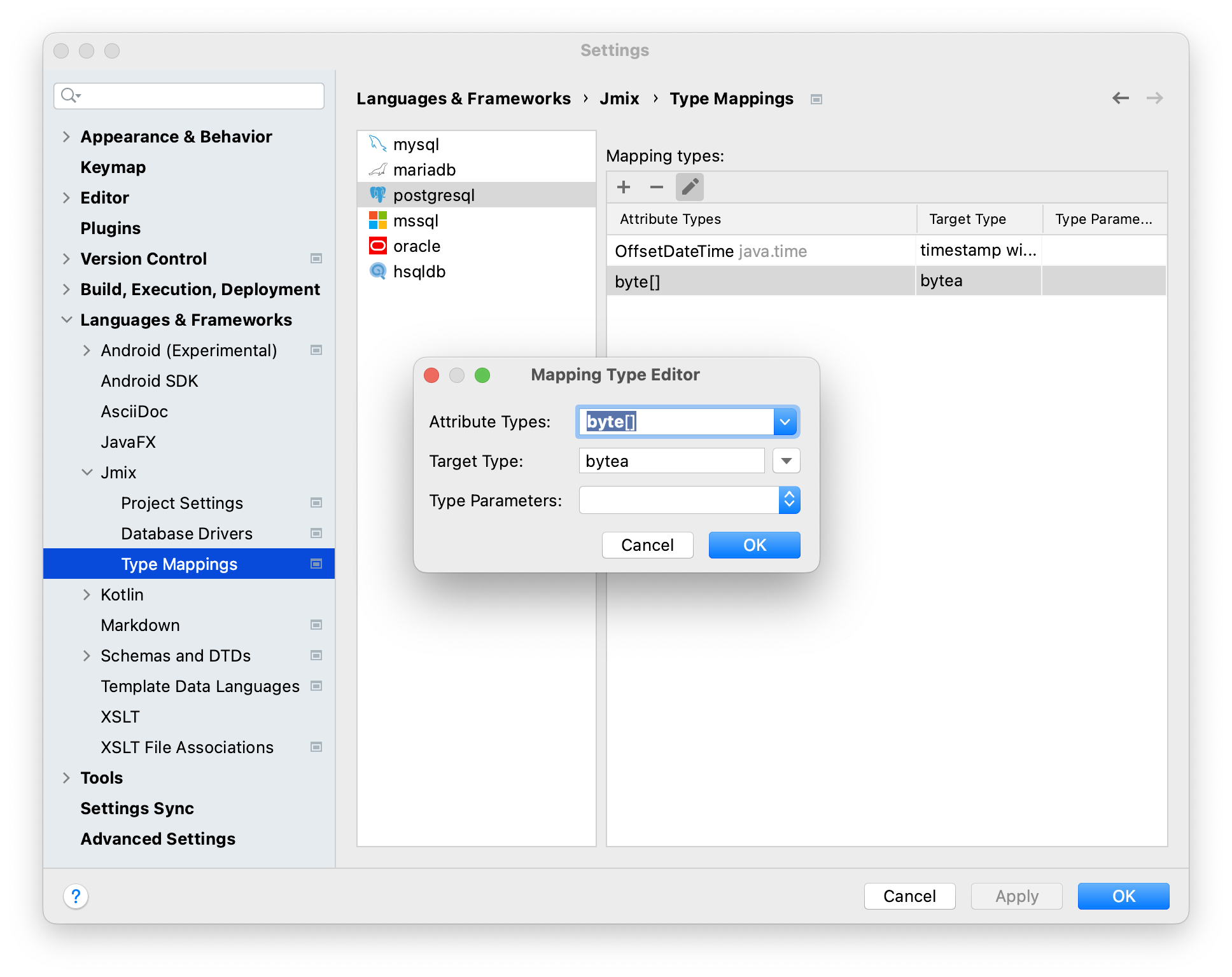 settings type mappings