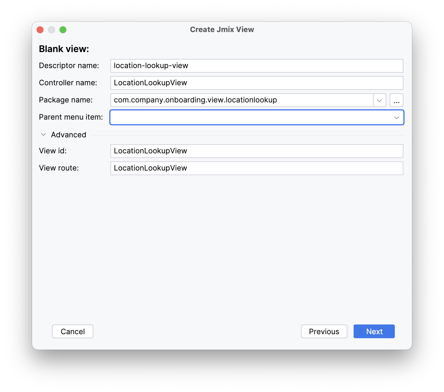 create blank view params