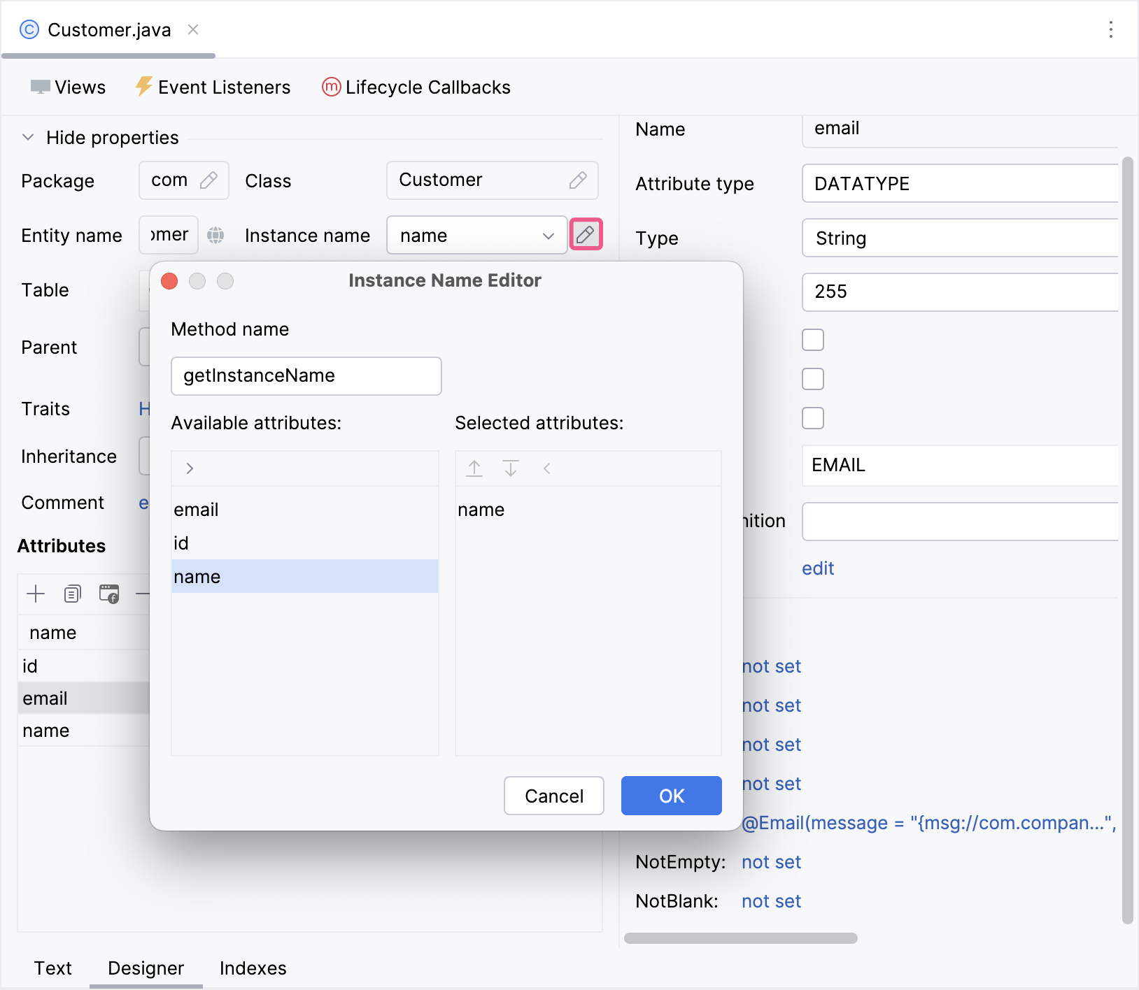 entity instance editor