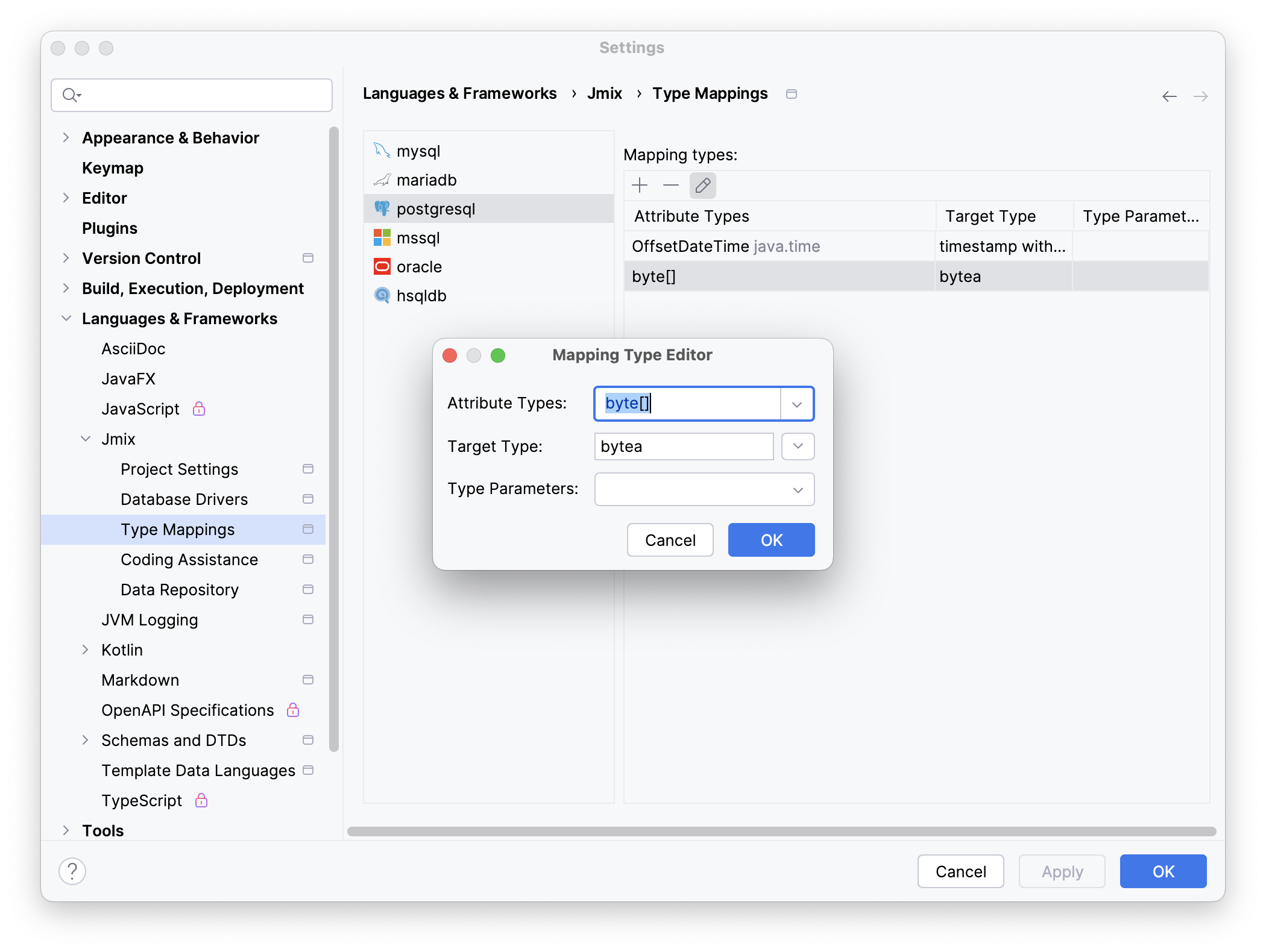 settings type mappings