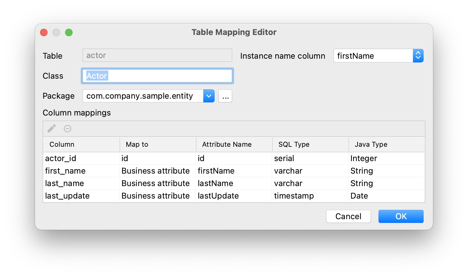 table mapping editor