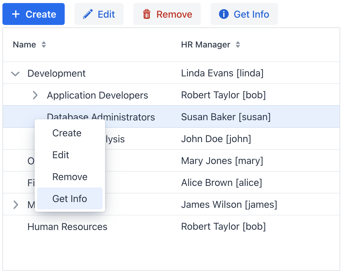 tree data grid actions