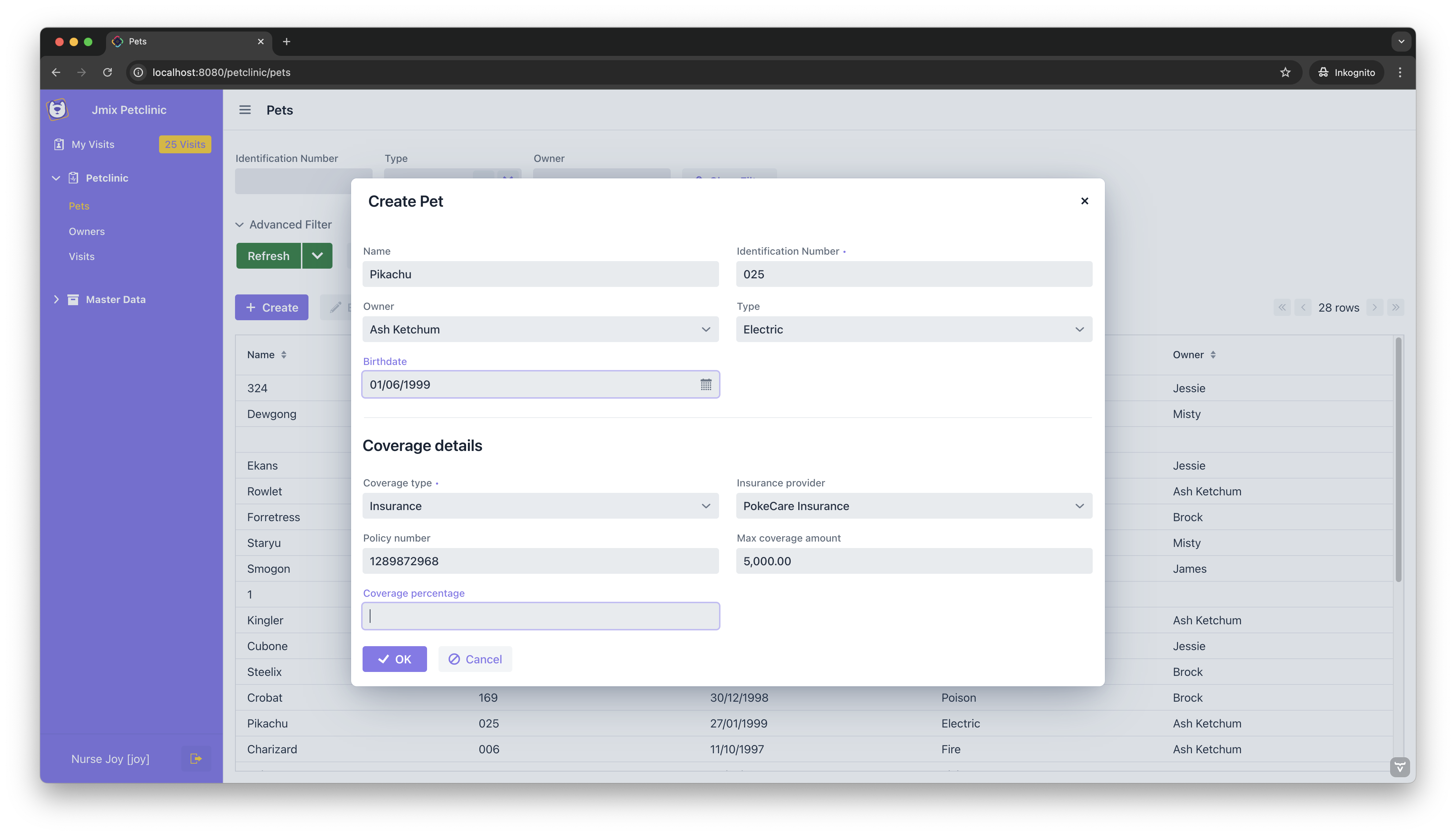 Create Pet View with Inline Editing