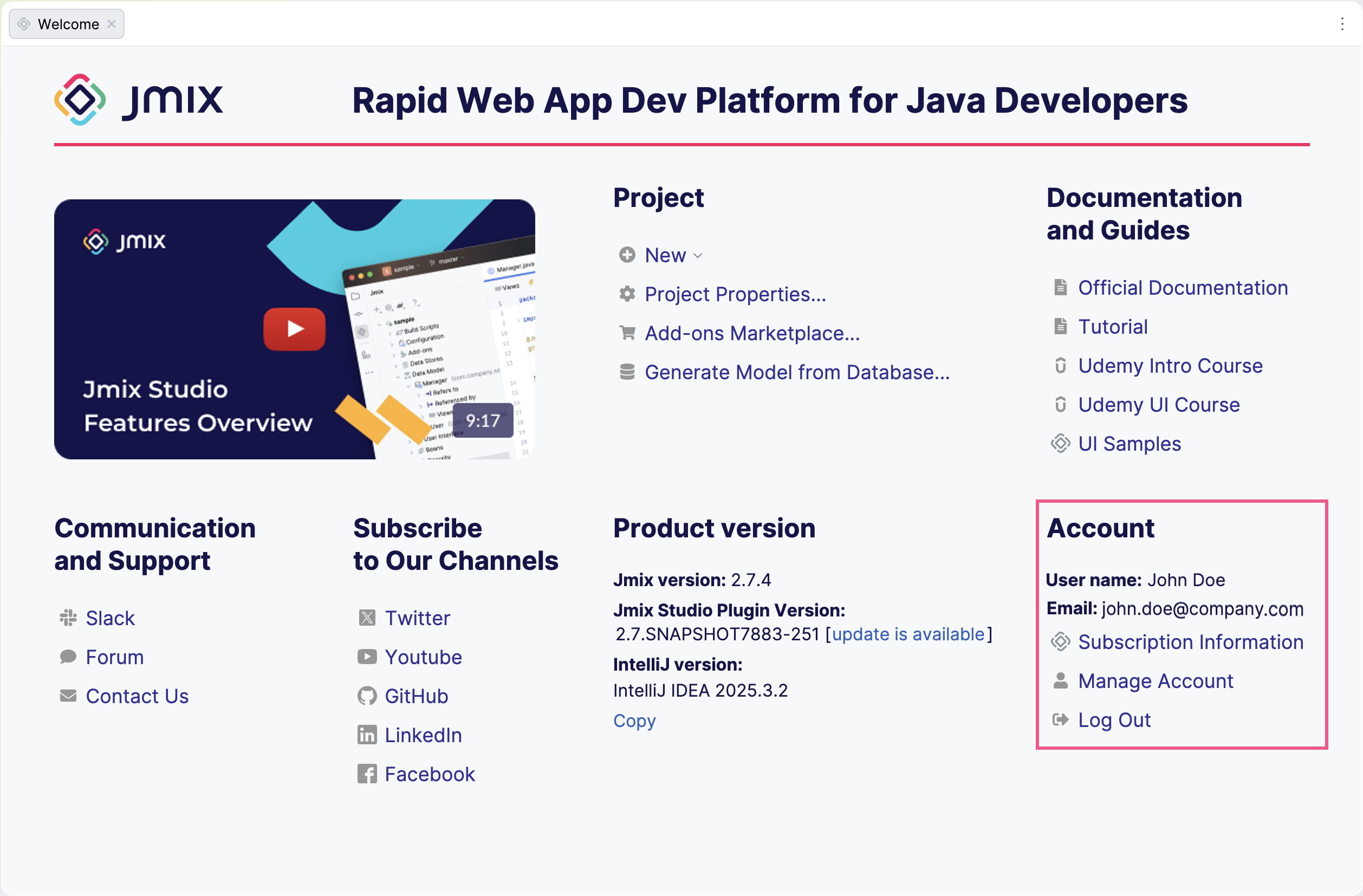 account info welcome screen